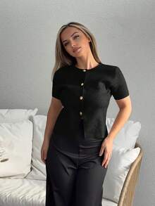 Jeta Ari Áo khoác cardigan tay ngắn ôm vừa vặn màu trơn đơn giản dành cho nữ - màu đen - Xem 4
