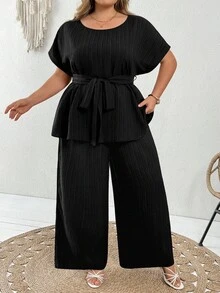 SHEIN CURVE+ 女款優雅柔軟修身休閒正式通勤早午餐辦公室純色襯衫與長褲兩件套大尺碼夏季服飾黑色度假風 - 黑色 - 查看 4