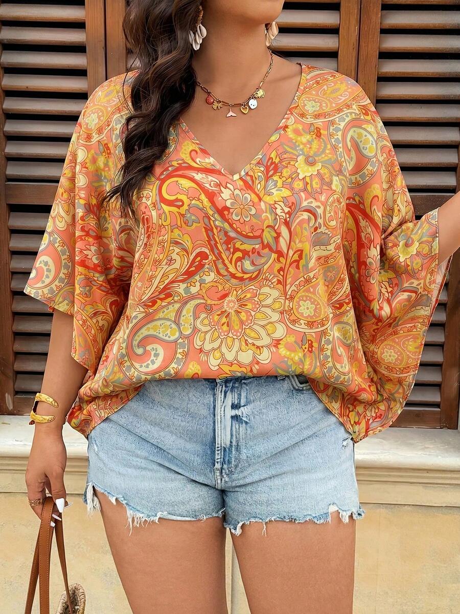 SHEIN VCAY Plus Size Boho V-Neck Tropical Floral Print Ruffled Sleeve Loose Blouse For Holiday, For Summer - Multicolor - View 1