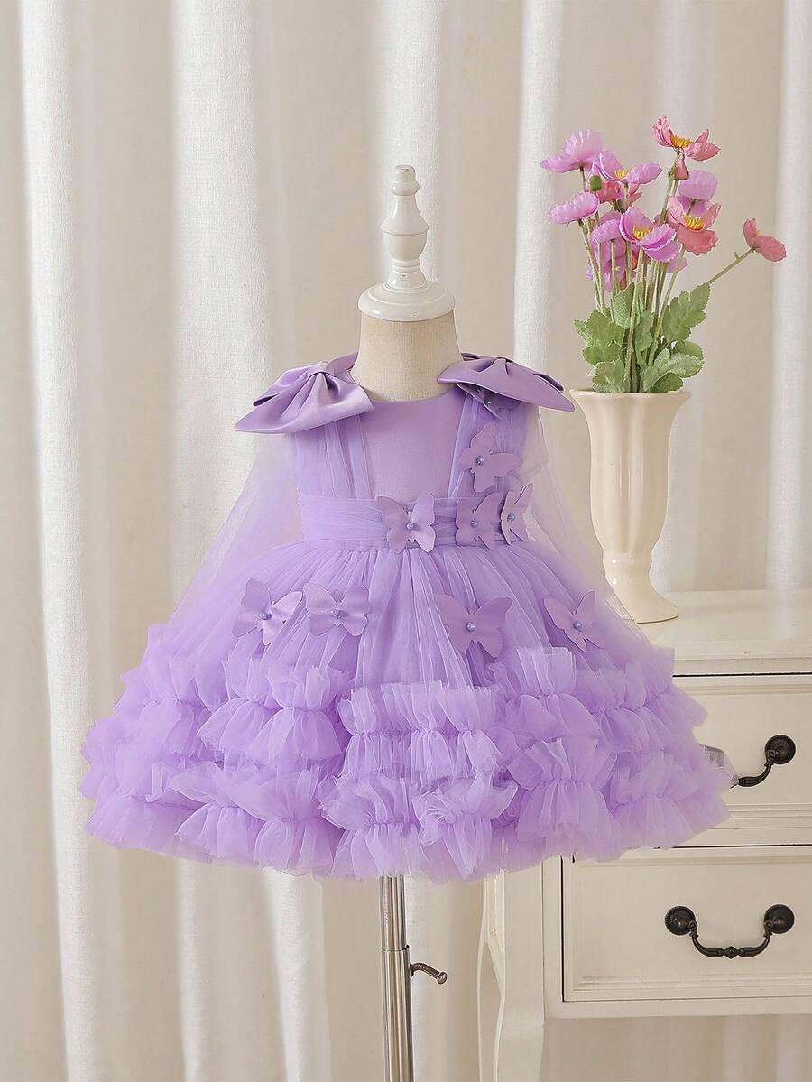 SHEIN Glamorique Kids 幼女可愛薄紗蓬蓬裙,蝴蝶結珍珠裝飾,生日花童派對婚禮舞會公主禮服,紫色夏季優雅款 - 紫色 - 查看 1