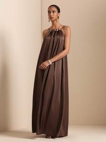 Vesra Vestido Minimalista Sem Mangas de Cor Sólida para Mulheres, Uso Casual Diário - Castanho - Visão 4