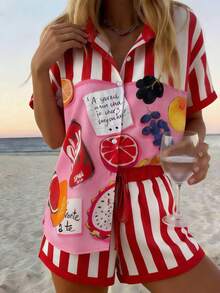 Vaclyn Women's Summer Vacation Striped Fruit Print Button-Front Shirt And Shorts Set - Red - View 3