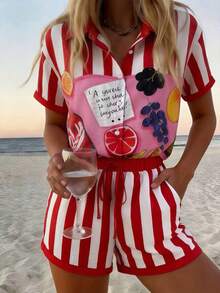 Vaclyn Women's Summer Vacation Striped Fruit Print Button-Front Shirt And Shorts Set - Red - View 6