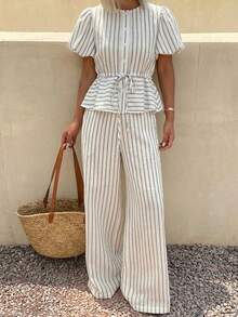 Livesso Round Neck Off-White Puff Sleeve Crop Top And Casual Coastal Hawaiian Pants 2 Pieces Set Suitable For Party Vacation Beach Party Beach Holiday Summer - Black - View 3
