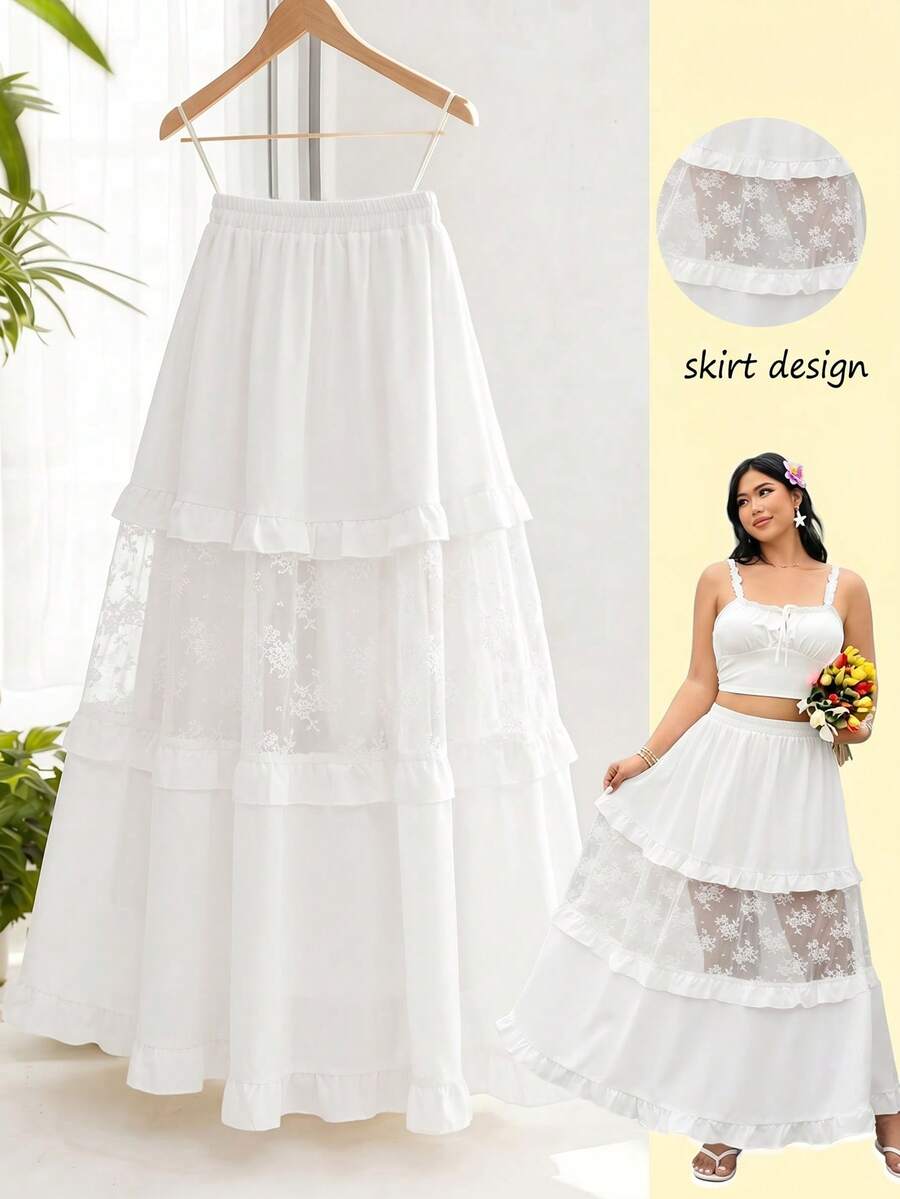 Breezaya Falda evasé de encaje calado y parches, con un estilo elegante y estilizador para tallas grandes - Blanco - Ver 1
