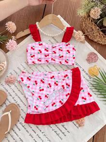 SHEIN 3pcs Young Girl Cherry Print Knit Bikini Set - Multicolor - View 2