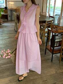 DAZY Women's Soft Pink Sleeveless Pleated Ruffle Hem Loose Skirt Casual Elegant Summer 2 Pieces Set Vacation School - Pink - View 7