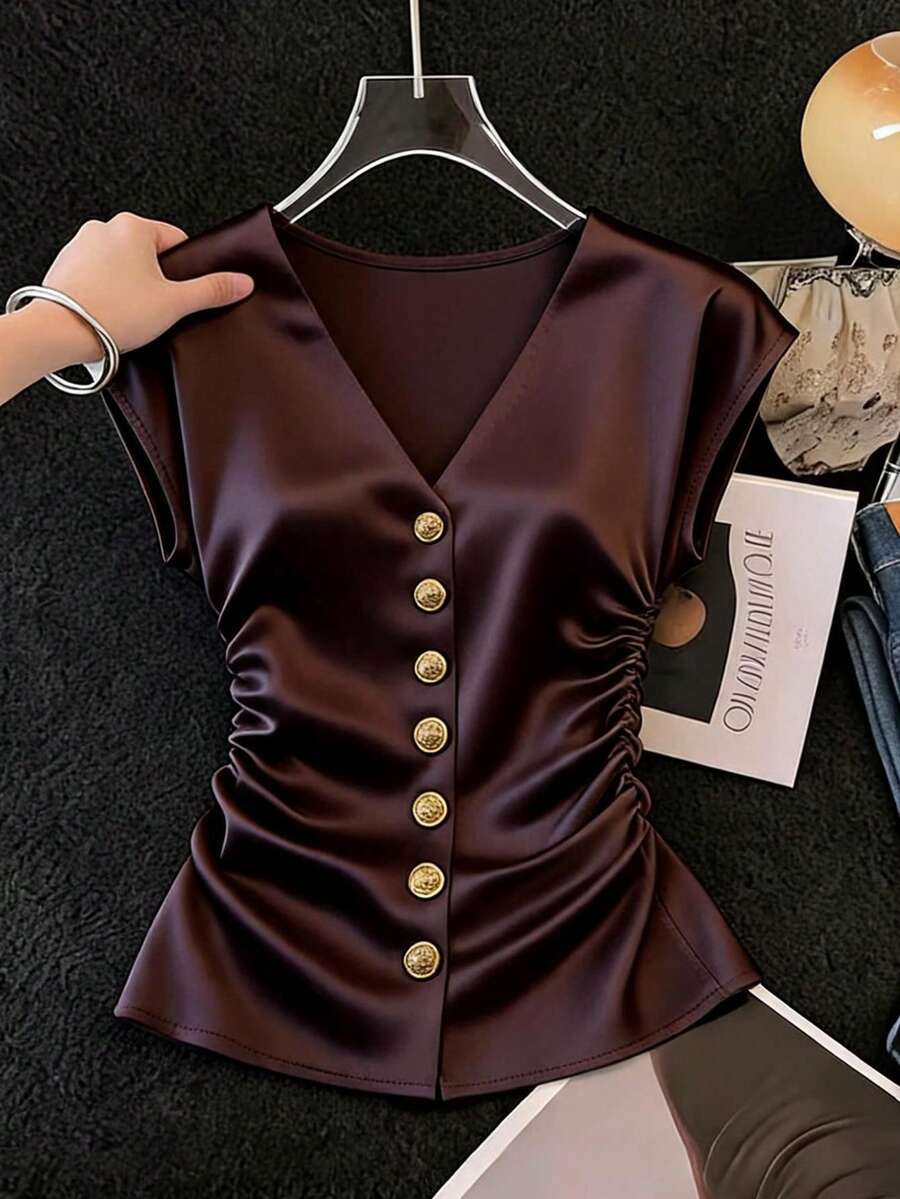 SHEIN Franclia 女款優雅浪漫法式風半袖V領鈕扣抓皺收腰襯衫,度假穿搭,休閒,春夏 - 紫色 - 查看 1
