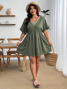 Enliva Plus Size Women's V-Neck Embroidered Casual Washed Short Sleeve Dress, Suitable For Daily, Commuting, And Vacation Wear - Multicolor - View 7