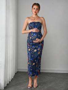 Momance 孕婦花卉美人魚洋裝，抓皺腰部修飾曲線，側開衩設計性感優雅，清新植物印花柔軟浪漫，適合約會、派對及其他場合 - 寶藍色 - 查看 6