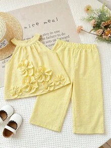 SHEIN LMoss Kids Bộ 2 món áo thun và quần legging không tay màu trơn dệt kim cho bé gái, kiểu dáng thường ngày. - Nhiều màu - Xem 1