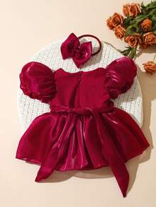 SHEIN 新生女嬰連身裙配蝴蝶結髮帶 0-3個月 嬰兒攝影套裝 黃色 春夏款 - 紅色 - 查看 8