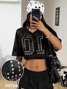 Coolane Áo thun nữ dáng rộng màu đen, chất liệu jersey, phong cách đường phố cổ điển Boho Chic, họa tiết ren và số, phối nhiều mảnh. - màu đen - Xem 3