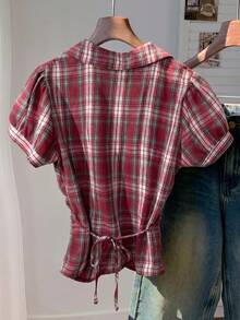 Comfortcana Women's Red Striped Short Puff Sleeve Single-Breasted Casual Shirt, Summer Clothing - Red - View 2