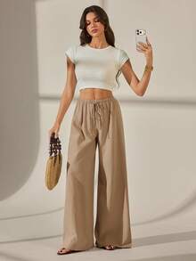 SHEIN Tall 春夏季女款浪漫舞會正式生日 90s 商務休閒優雅西式外穿時尚 Y2K 夜店辦公雞尾酒復古電音節趣味高級感老錢風街頭度假鄉村音樂會工作端莊春假單身派對演唱會辣妹基本款畢業低腰寬鬆寬腿褲 - 卡其色 - 查看 9