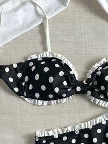 Swim Mod Conjunto de bikini con parte superior tipo tankini con volantes y estampado de lunares y Bottom de triángulo con volantes y cintura alta - Multicolor - Ver 4