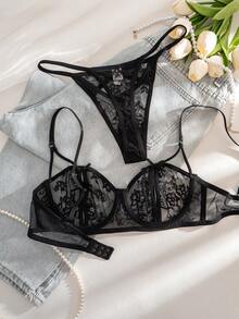 SHEIN 2 piezas Conjunto de sujetador con aros y parches de encaje cómodo para mujer - Negro - Ver 2