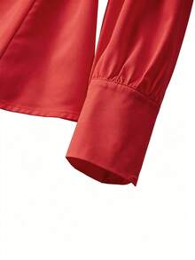 Velvienne Plus Size Women Elegant Long Sleeve Button Down Shirt With Ruffle Hem - Red - View 4