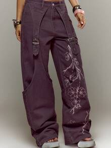 MUSERA Bedruckte Cargohose, weite Hose mit Schnallenelement, Frühling Sommer Urlaub Ibiza Festival Y2K Streetwear Psyche - Violett - Übersicht 3