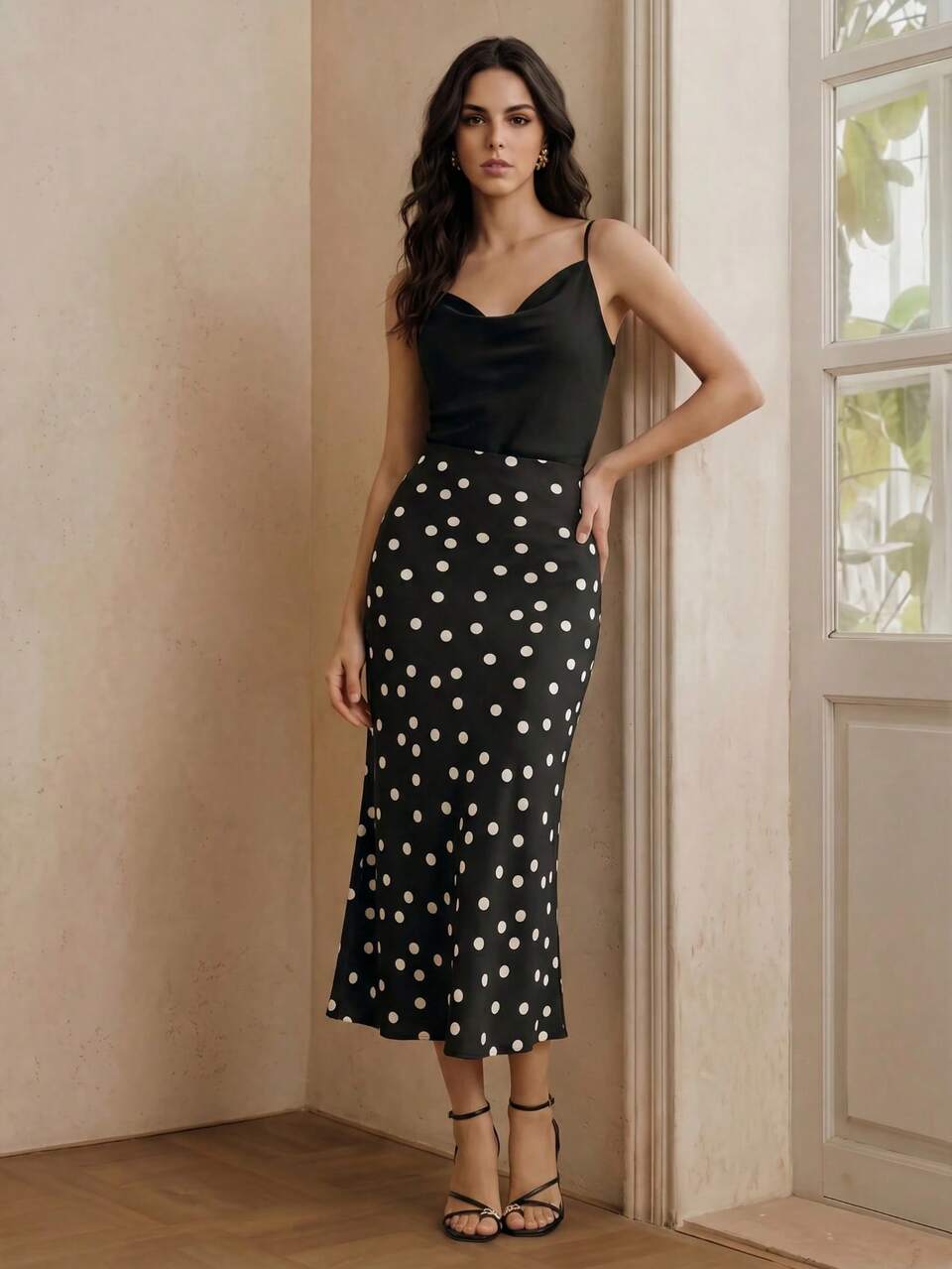 Anewsta Elegant Polka Dot Print Design Women's Midi Skirt, Spring/Summer