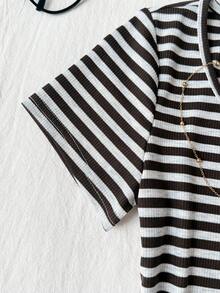 SHEIN Tween Girl Tween Girls Casual Everyday Comfortable Scoop Neck Striped Short Sleeve T-Shirt - Multicolor - View 5