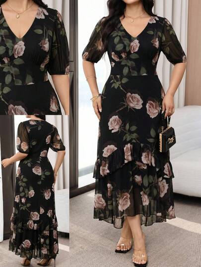 Modelyn Vestido de verano elegante de talla grande con estampado floral y volantes en el bajo