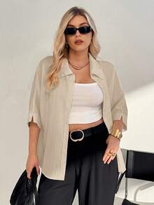 Auralis Plus Size Summer Casual Solid Color Batwing Sleeve Shirt - Apricot - View 5