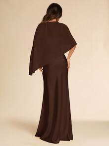 SHEIN BAE 2 Pieces Set: Satin Chiffon Shawl & Light Yellow Dress, Luxury Elegant Evening Gown For Formal Occasions, Spring/Summer - Coffee Brown - View 2