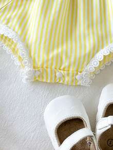 SHEIN Pelele casual de manga raglán a rayas para bebé niña - Amarillo - Ver 7