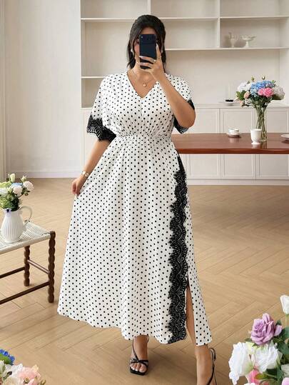Modelyn Women's Elegant V-Neck Vintage Polka Dot Patchwork Lace Fashion Elegant Plus Size Summer Dress