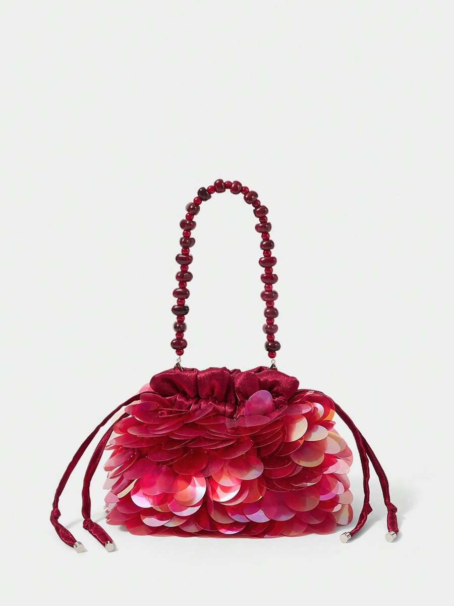 SHECARRY Bolso de mano con cordón y brillo para uso diario de moda para mujer - Burdeos - View 1