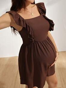 SHEIN GentleRue Maternity-D 女款印花荷葉邊哺乳連身褲，度假必備，拉鍊式胸口開口方便哺乳 - 咖啡棕 - 查看 9