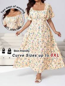 SHEIN CURVE+ Curve 加大码 US22 音乐节、海滨度假、波西米亚风 CURVE PLUS // 女士紫色短袖休闲抽绳腰身优雅连衣裙，适合婚礼宾客、春夏穿着。这款紫色连衣裙优雅迷人，适合日常、外出、约会、下午茶、度假等各种场合。浪漫甜美连衣裙 - 杏色 - 查看 8
