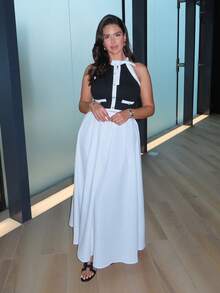 MDEdit Casual Elastic Waist Pleated Solid Color A-Line Skirt For Women - White - View 4