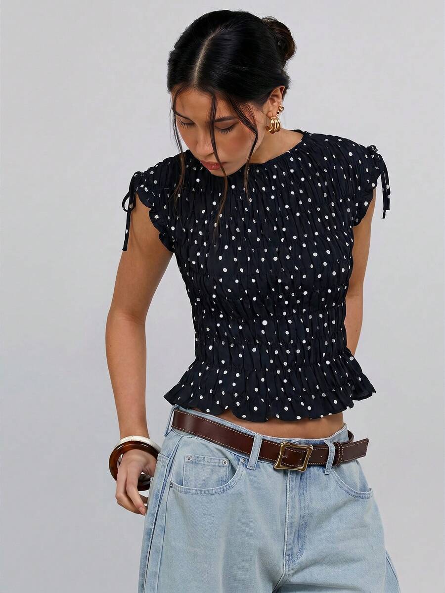 Athîral 女款休閒度假無袖圓領套頭修身上衣,黑白波點彈性舒適上衣,黑色襯衫,適合約會、聚會與日常穿著 - 黑與白 - 查看 1
