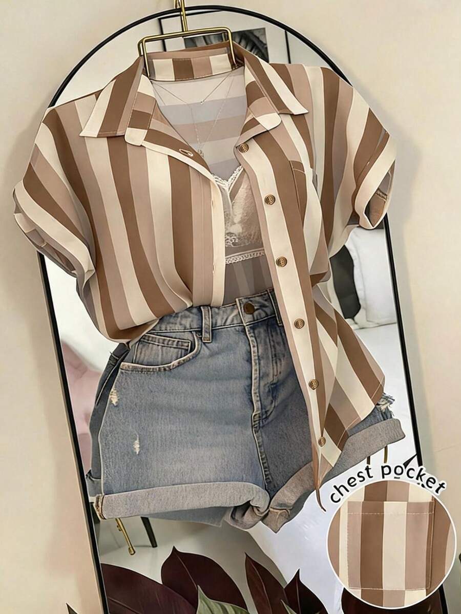 Franclia Striped Pocket Casual Vacation Shirt - Khaki - View 1