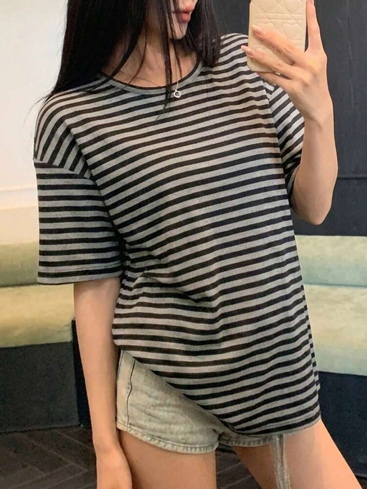 Spring Summer Autumn Loose Casual Streetwear Grey Pinstripe Colorblock Patchwork Basic Music Festival Vacation Style Long Short Sleeve Women's T-Shirt