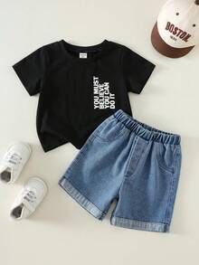 SHEIN 2件組中性嬰兒男/女童休閒短袖T恤與牛仔短褲套裝，春/夏街頭風穿搭 - 黑色 - 查看 4