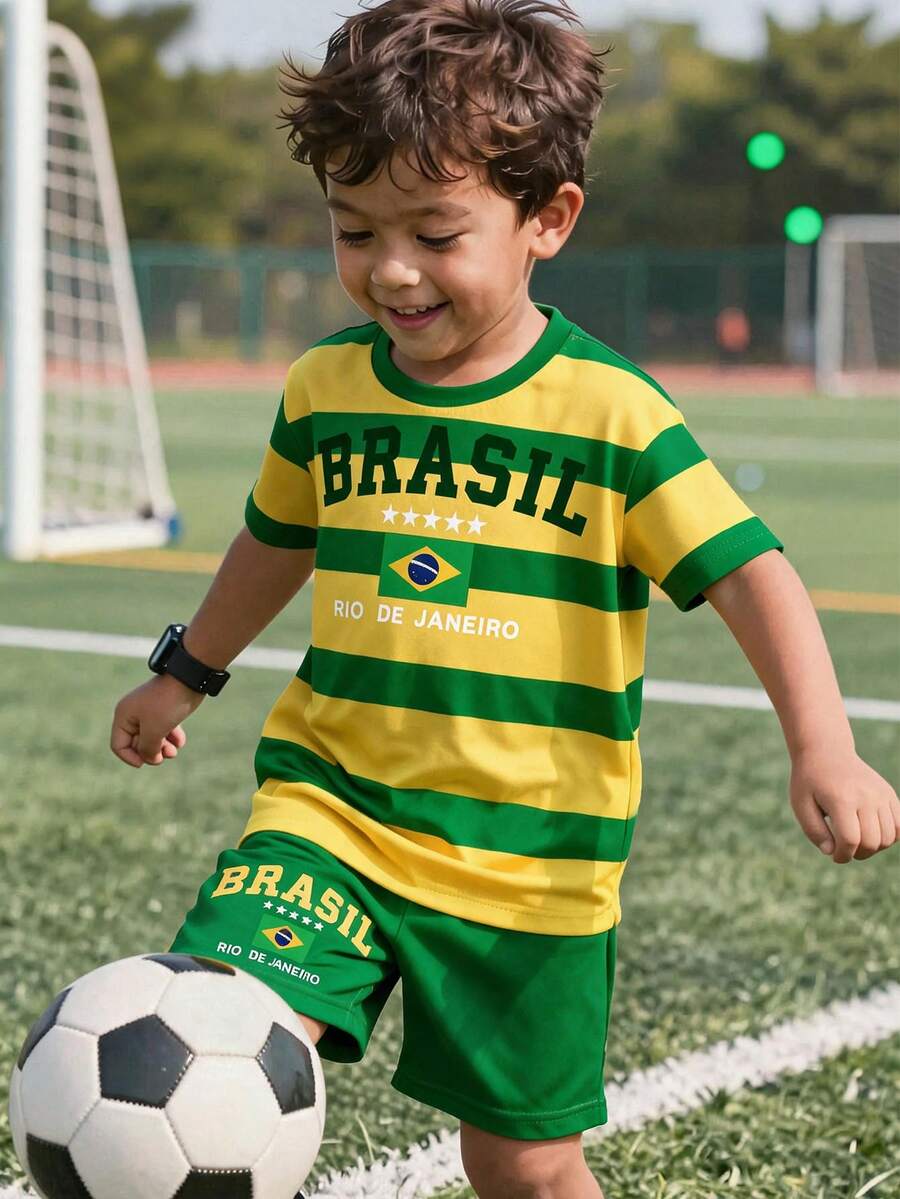 Young Boy Casual T-Shirt Set, Classic Brazilian Soccer Player Graphic Print, Retro Striped Pattern Print, Brazilian Flag Print, Suitable For Soccer Sports, Suitable For Spring And Summer - Multicolor - View 1