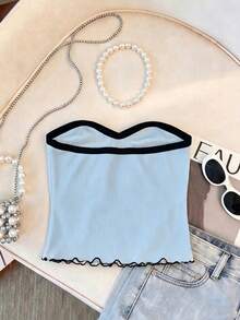 Franclia Women's Elegant Sexy Backless Tube Top Solid White Ribbed Knit Fabric Fitted Versatile Daily Summer Vacation Camisole - Blue - View 2