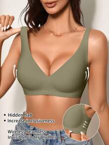 SHEIN 1pc Ocili Women's Minimalist Comfortable Seamless Jelly Gel Wirefree Removable Padded Bra Olive Green Summer - Green - View 4