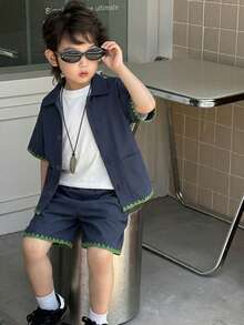 Dazy Kids Young Boy Floral Trim Short Sleeve Shirt And Shorts Casual Set Summer - Navy Blue - View 2