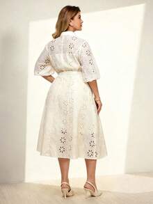 Momelise Plus Size Women's Elegant Solid Color V-Neck Hollow Embroidered Lantern Sleeve, Cardigan With Button Closure And Waist Belt Long Dress Fall - Apricot - View 2
