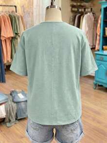 SHEIN LUNE CURVE 大尺碼女款素色亞麻感圓領刺繡七分袖休閒襯衫 - 綠色 - 查看 2