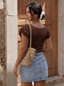 Lounesse Body de mujer talla grande de color liso con cuello cuadrado y mangas con volantes - Café integral - Ver 3