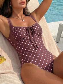 Swim Mod Bộ đồ bơi liền thân in chấm bi tươi tắn và ngọt ngào dành cho nữ, mẫu Xuân Hè 2026, chất liệu vải, viền tương phản, dây rút hình nơ, thích hợp cho kỳ nghỉ biển, tiệc trà chiều, dã ngoại, tiệc tùng, mặc hàng ngày và mặc ở nhà. - màu nâu - Xem 5