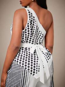 Radiana Ensemble 2 pièces grande taille pour femmes, mode printemps/été, décontracté élégant, Top asymétrique et pantalon assorti à taille élastique avec imprimé dégradé à pois, convient pour le travail, le bureau et les sorties décontractées - Noir et Blanc - Voir 7
