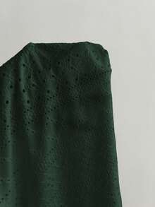 Elamini Atasan Kasual Serbaguna Wanita Model French Style Warna Putih Murni Rajut Jacquard dengan Tali Serut dan Leher V - Dark Green - View 3