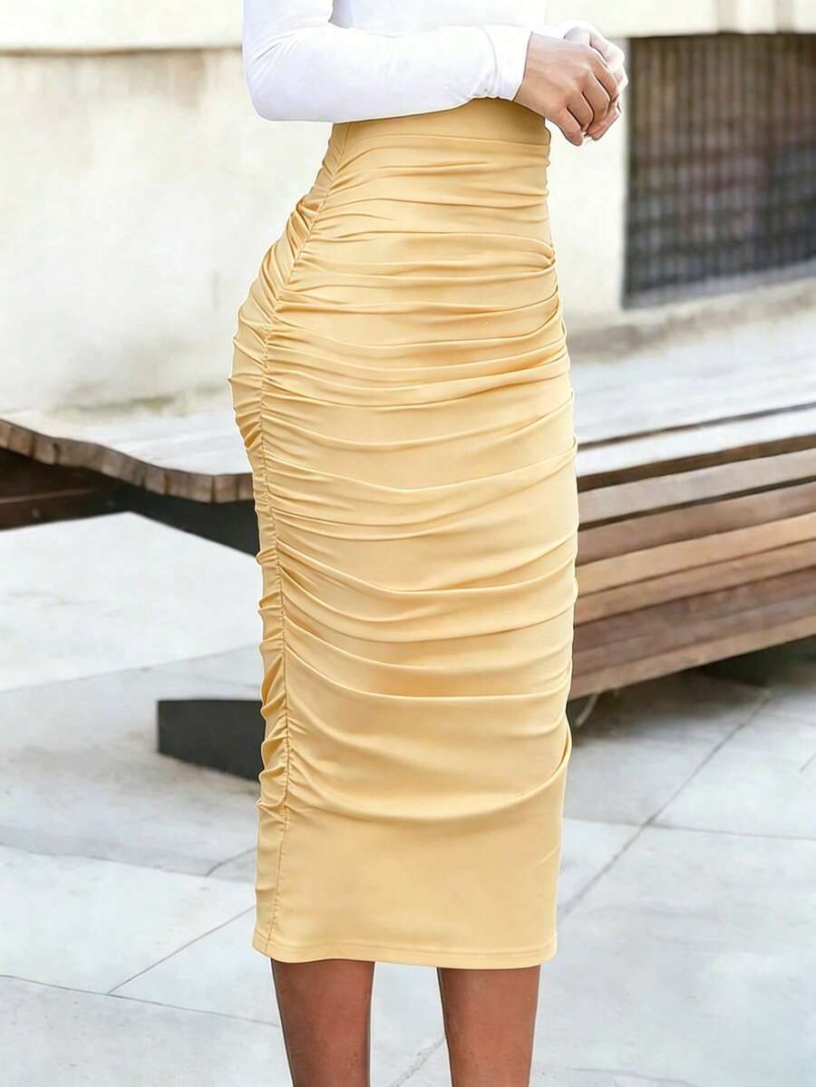 EMERY ROSE Pale Yellow Solid Color Ruched Bodycon Skirt For Women Party Autumn Bandage - Yellow - View 1