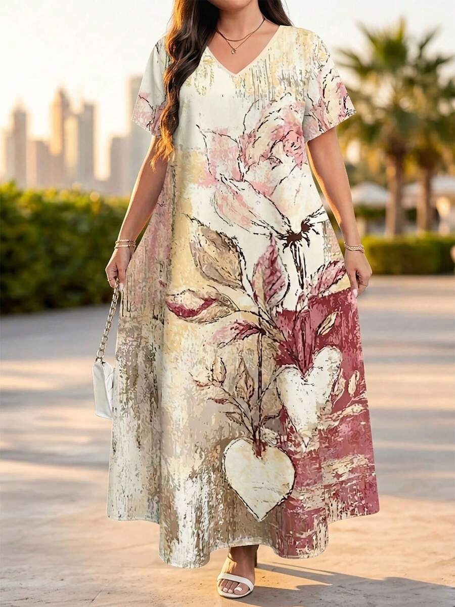 EMERY ROSE 艺术花卉印花优雅女士长款连衣裙,加大码V领抽象长裙,复古端庄夏季长袍,适合度假、日常穿着和休闲聚会。 - 彩色 - 查看 1